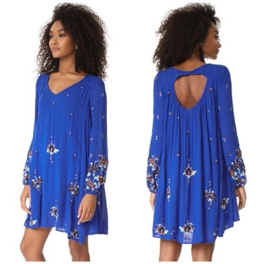 Free People Cobalt Blue Long Sleeve Floral Shift Dress - Picture 2 of 12